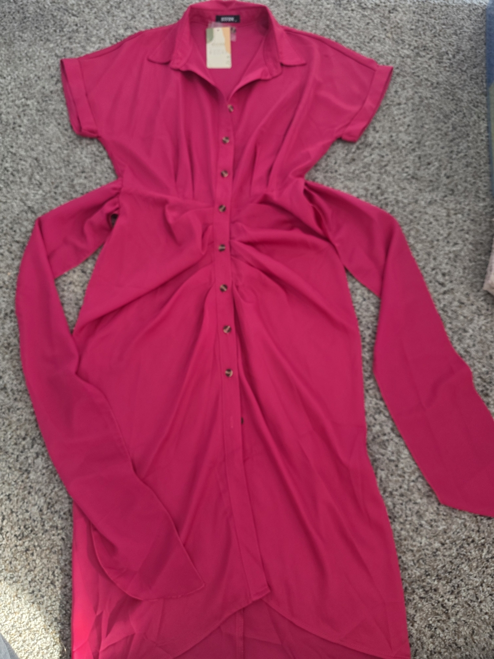 Button-Front Hot Pink/ Fuchsia Shirt Dress with Waist Tie - Picture 3 of 9